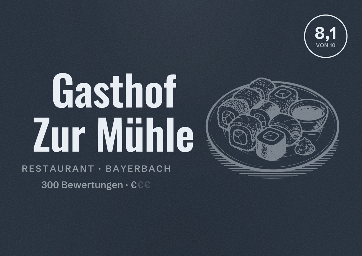 Illustriertes Poster von Gasthof Zur Mühle, Restaurant in Bayerbach: Bewertung 8,1 von 10 aus 300 Bewertungen, Preisniveau €