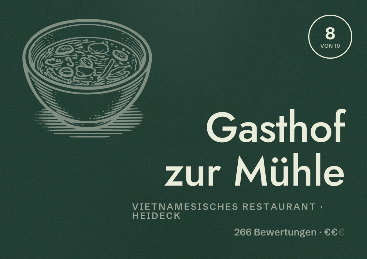 Illustriertes Poster von Gasthof zur Mühle, Vietnamesisches Restaurant in Heideck: Bewertung 8 von 10 aus 266 Bewertungen, Preisniveau €€