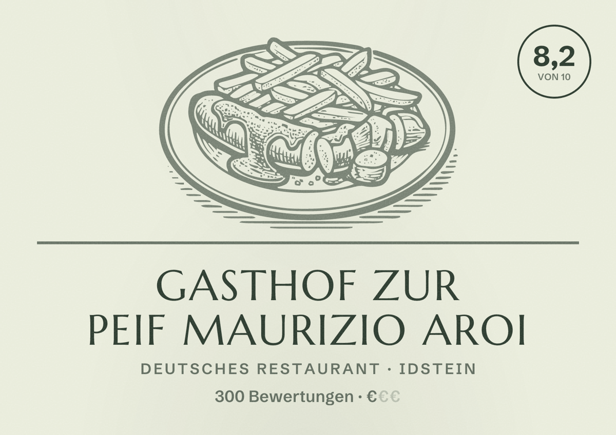 Illustriertes Poster von Gasthof zur Peif Maurizio Aroi, Deutsches Restaurant in Idstein: Bewertung 8,2 von 10 aus 300 Bewertungen, Preisniveau €