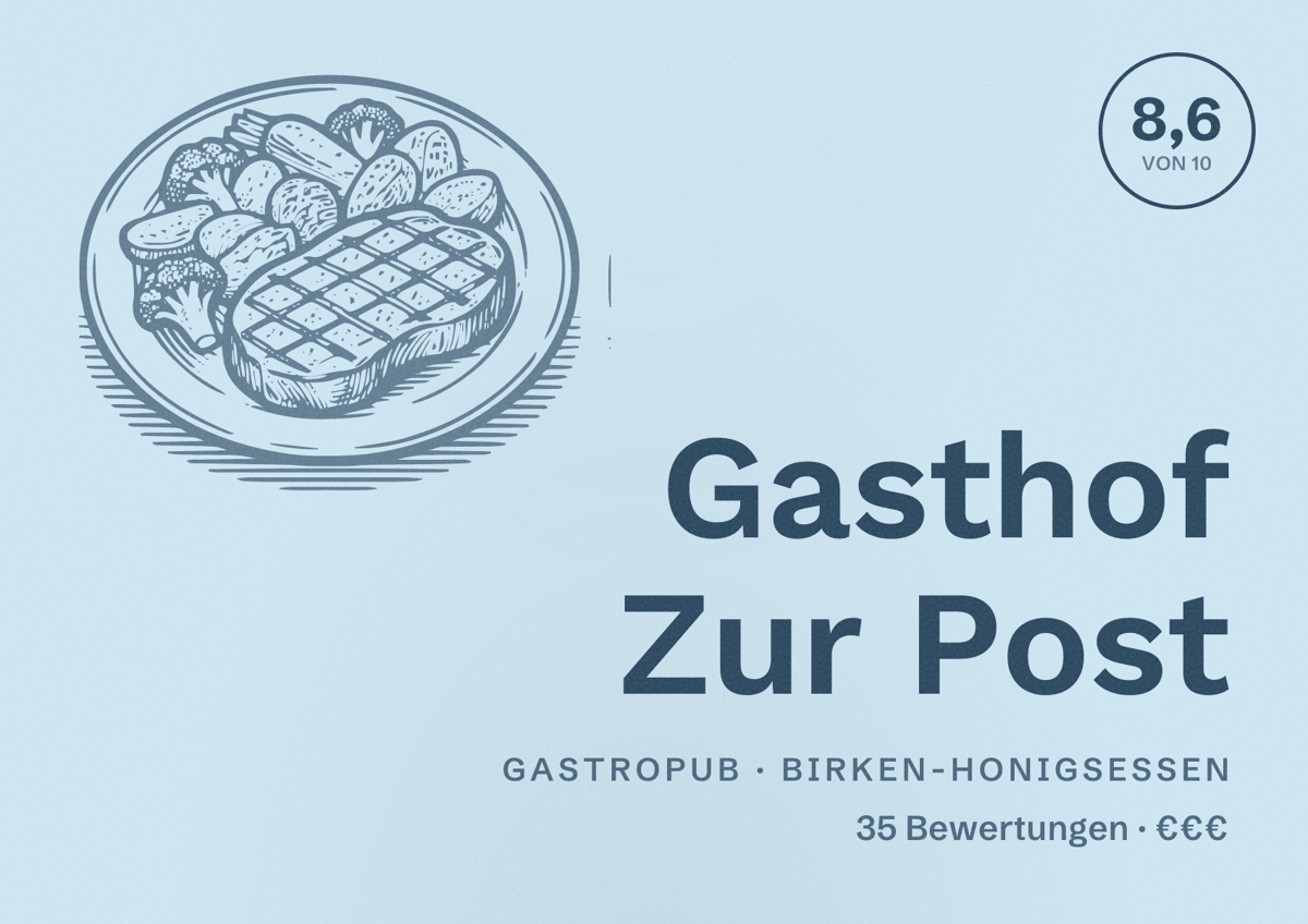 Illustriertes Poster von Gasthof Zur Post, Gastropub in Birken-Honigsessen: Bewertung 8,6 von 10 aus 35 Bewertungen, Preisniveau €€€