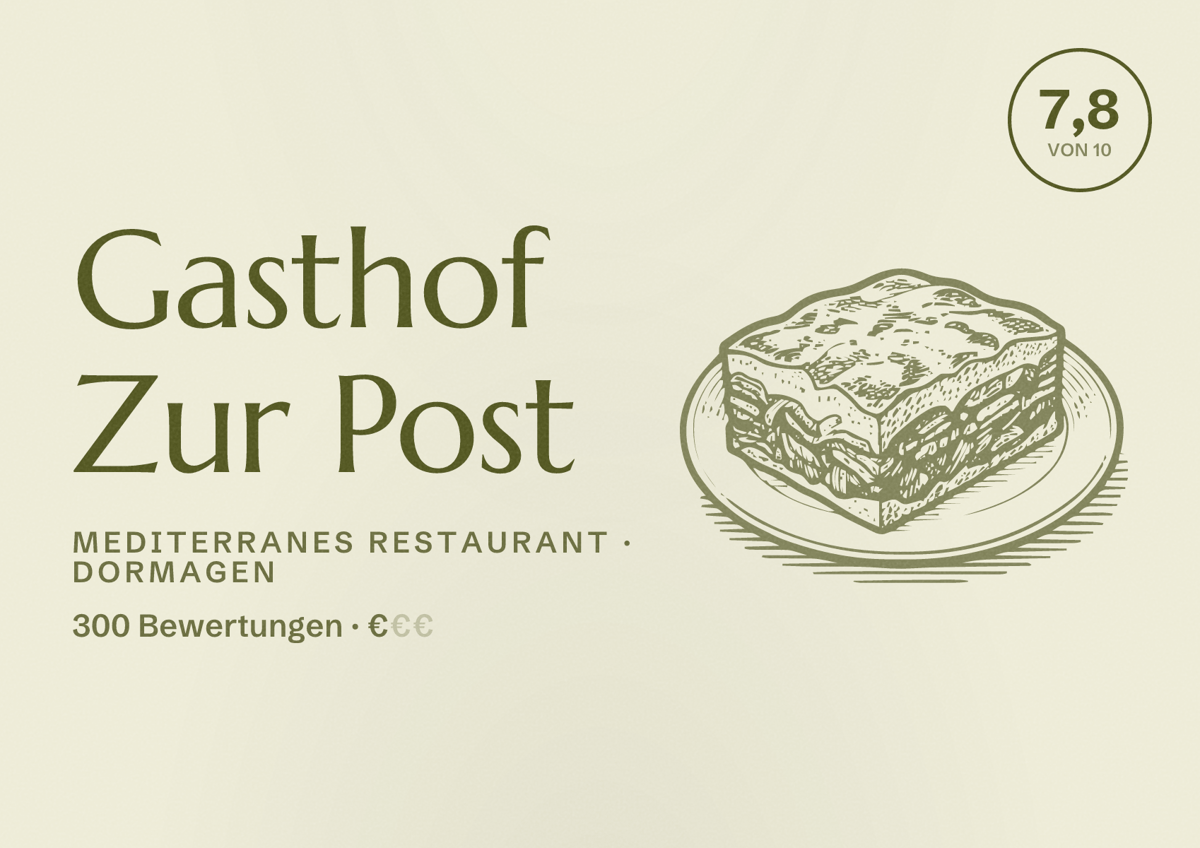 Illustriertes Poster von Gasthof Zur Post, Mediterranes Restaurant in Dormagen: Bewertung 7,8 von 10 aus 300 Bewertungen, Preisniveau €