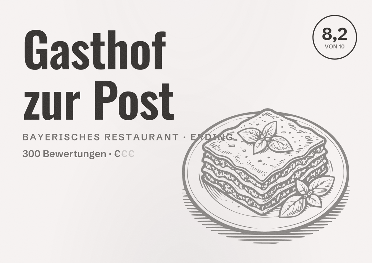 Illustriertes Poster von Gasthof zur Post, Bayerisches Restaurant in Erding: Bewertung 8,2 von 10 aus 300 Bewertungen, Preisniveau €