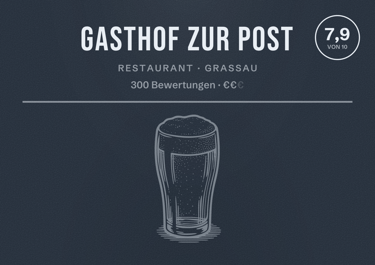 Illustriertes Poster von Gasthof zur Post, Restaurant in Grassau: Bewertung 7,9 von 10 aus 300 Bewertungen, Preisniveau €€