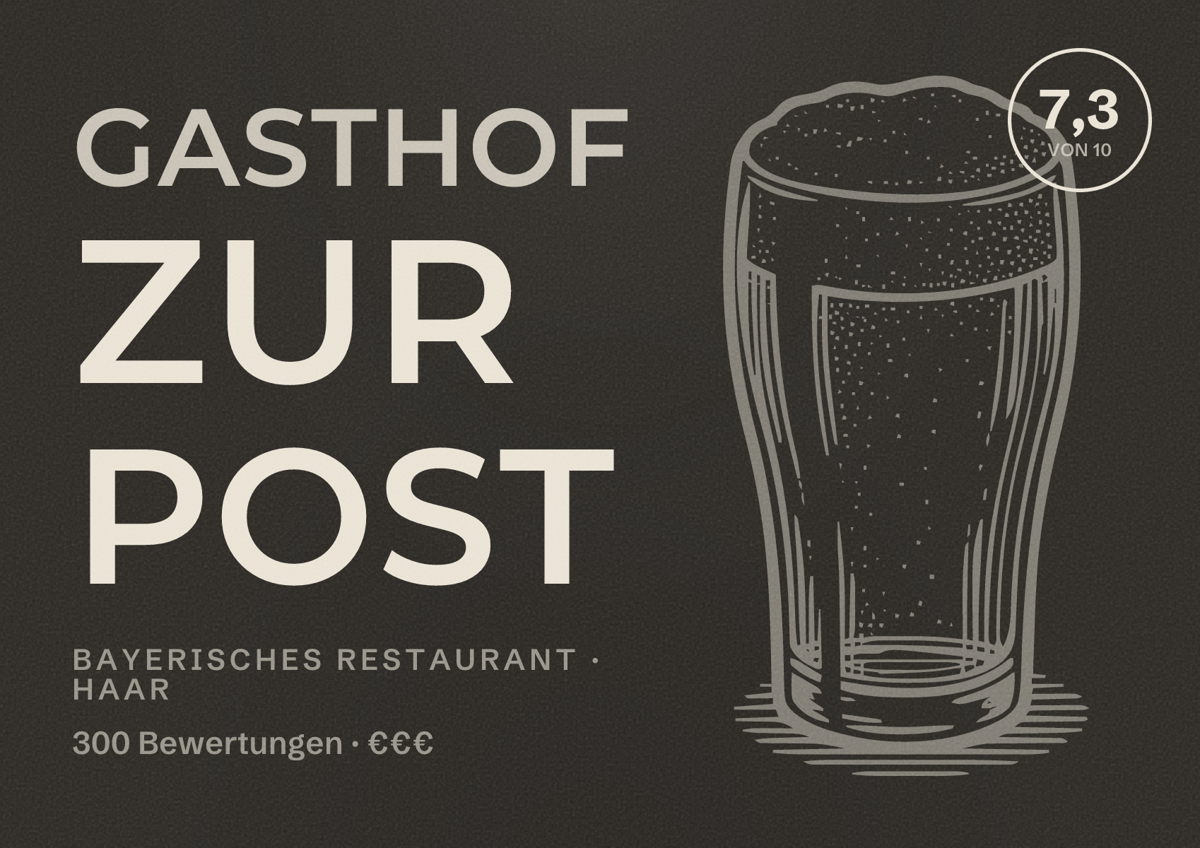 Illustriertes Poster von Gasthof zur Post, Bayerisches Restaurant in Haar: Bewertung 7,3 von 10 aus 300 Bewertungen, Preisniveau €€€