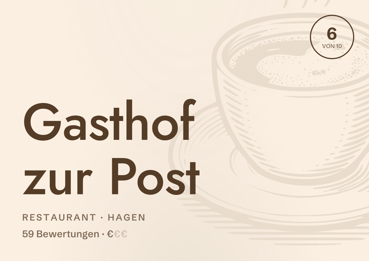 Illustriertes Poster von Gasthof zur Post, Restaurant in Hagen: Bewertung 6 von 10 aus 59 Bewertungen, Preisniveau €