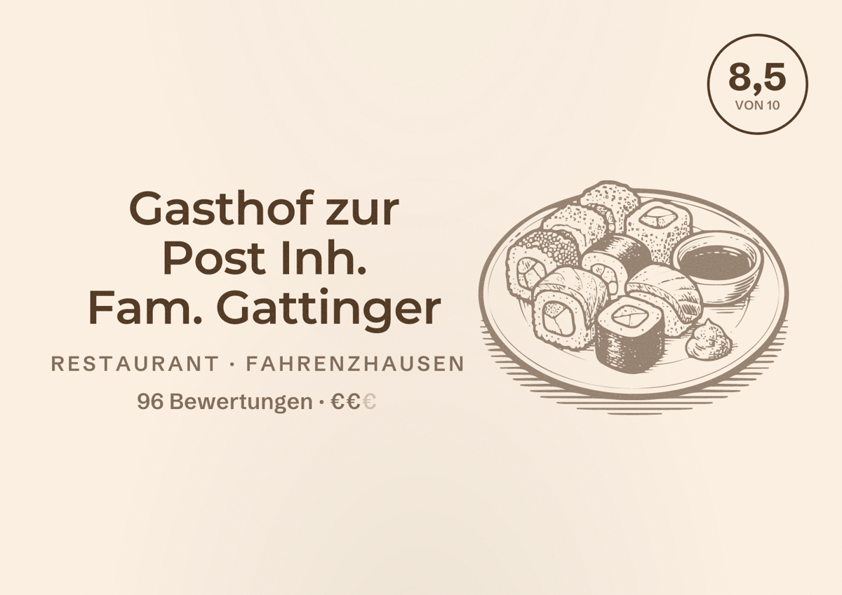 Illustriertes Poster von Gasthof zur Post Inh. Fam. Gattinger, Restaurant in Fahrenzhausen: Bewertung 8,5 von 10 aus 96 Bewertungen, Preisniveau €€