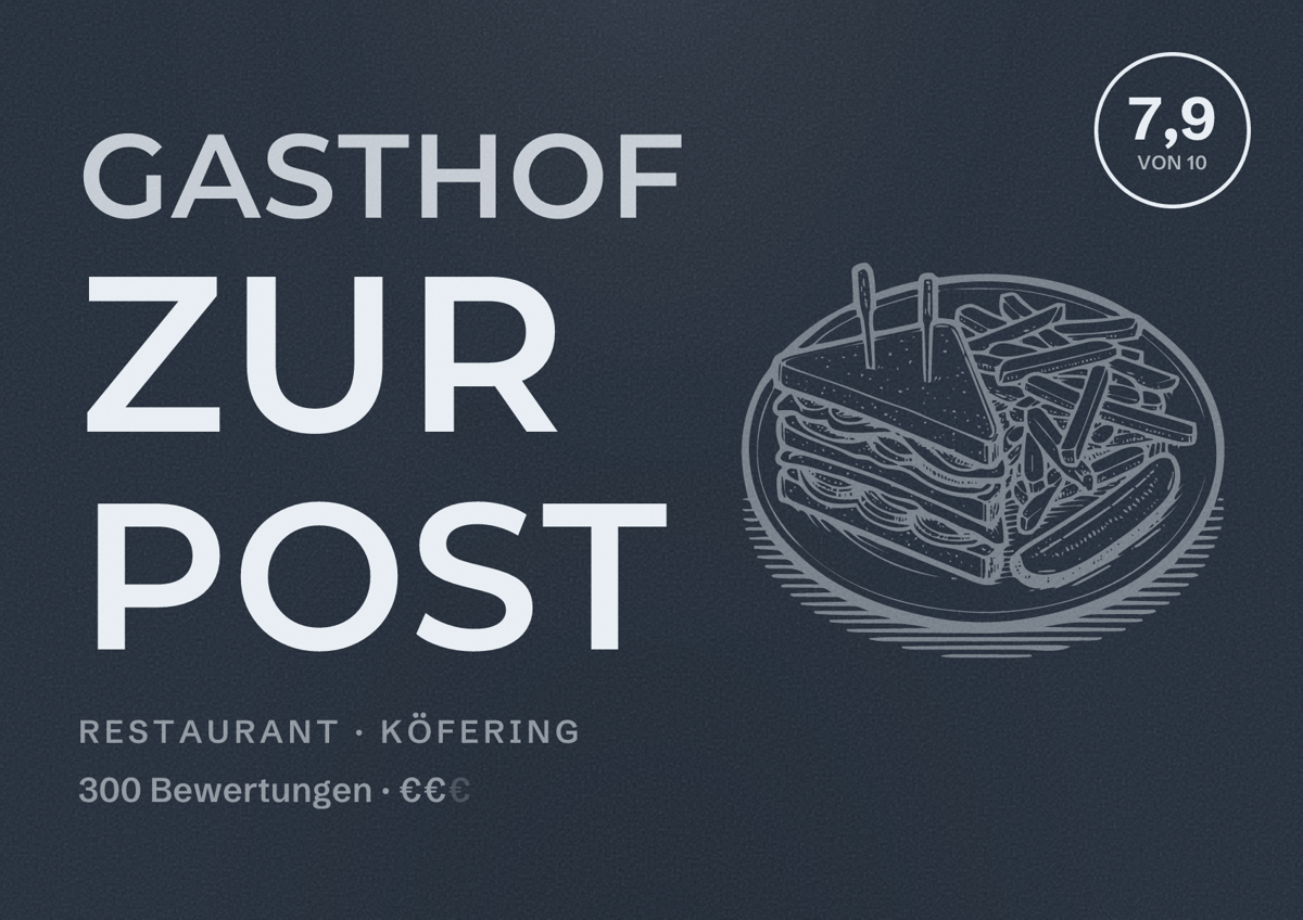 Illustriertes Poster von Gasthof zur Post, Restaurant in Köfering: Bewertung 7,9 von 10 aus 300 Bewertungen, Preisniveau €€