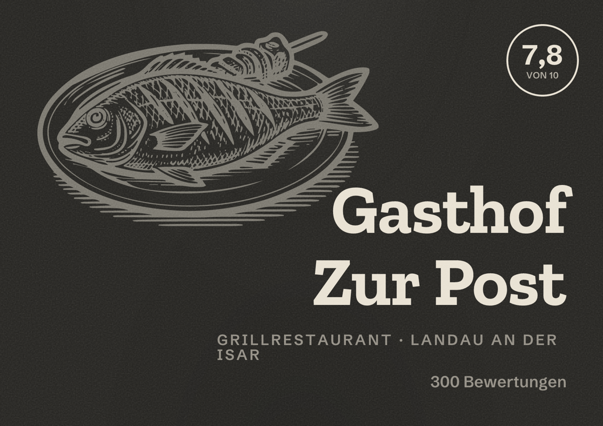 Illustriertes Poster von Gasthof Zur Post, Grillrestaurant in Landau an der Isar: Bewertung 7,8 von 10 aus 300 Bewertungen