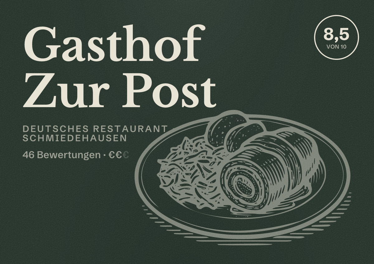 Illustriertes Poster von Gasthof Zur Post, Deutsches Restaurant in Schmiedehausen: Bewertung 8,5 von 10 aus 46 Bewertungen, Preisniveau €€