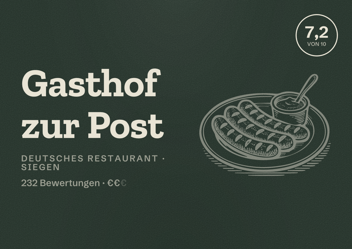 Illustriertes Poster von Gasthof zur Post, Deutsches Restaurant in Siegen: Bewertung 7,2 von 10 aus 232 Bewertungen, Preisniveau €€