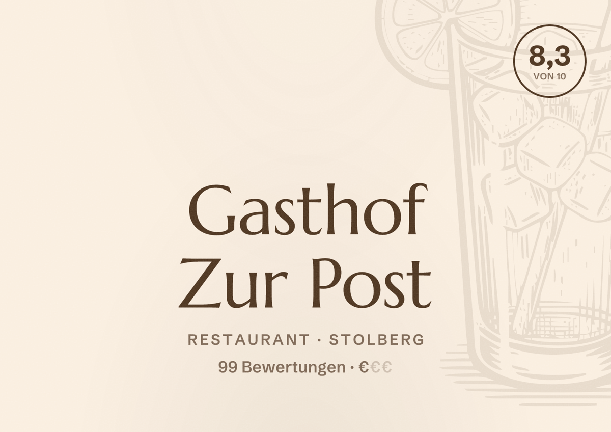 Illustriertes Poster von Gasthof Zur Post, Restaurant in Stolberg: Bewertung 8,3 von 10 aus 99 Bewertungen, Preisniveau €
