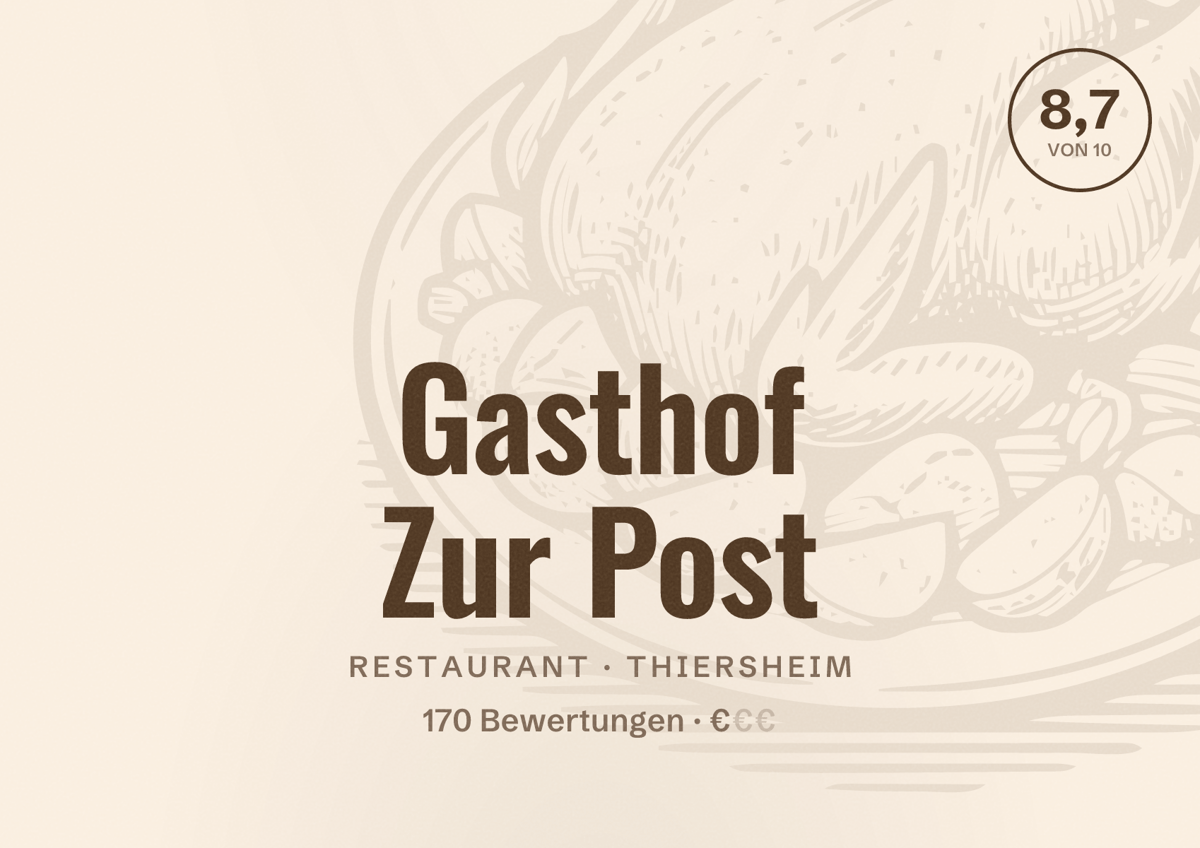Illustriertes Poster von Gasthof Zur Post, Restaurant in Thiersheim: Bewertung 8,7 von 10 aus 170 Bewertungen, Preisniveau €