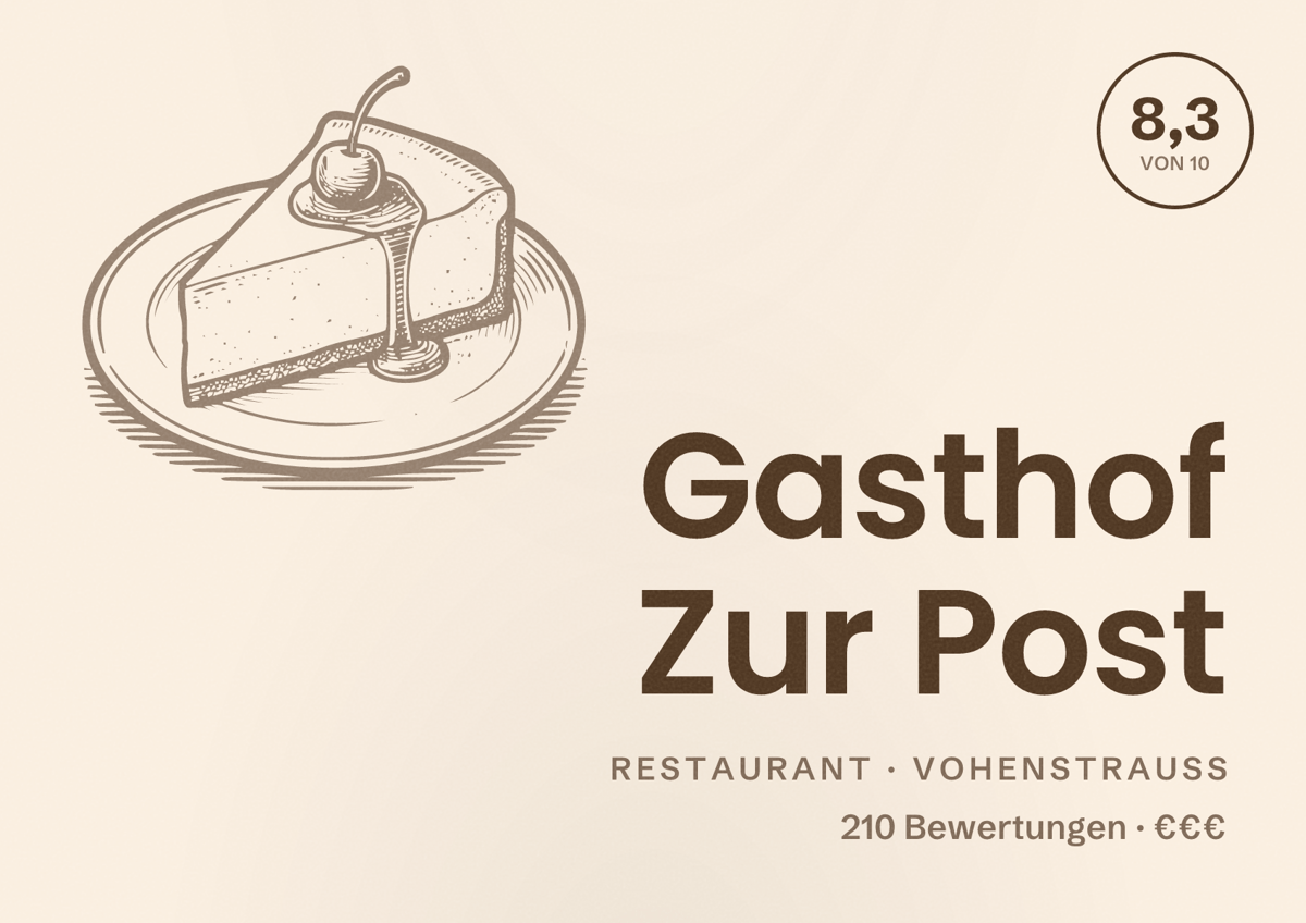 Illustriertes Poster von Gasthof Zur Post, Restaurant in Vohenstrauß: Bewertung 8,3 von 10 aus 210 Bewertungen, Preisniveau €€€