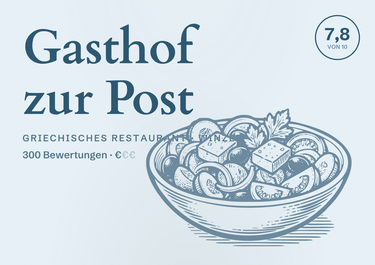 Illustriertes Poster von Gasthof zur Post, Griechisches Restaurant in Winzer: Bewertung 7,8 von 10 aus 300 Bewertungen, Preisniveau €