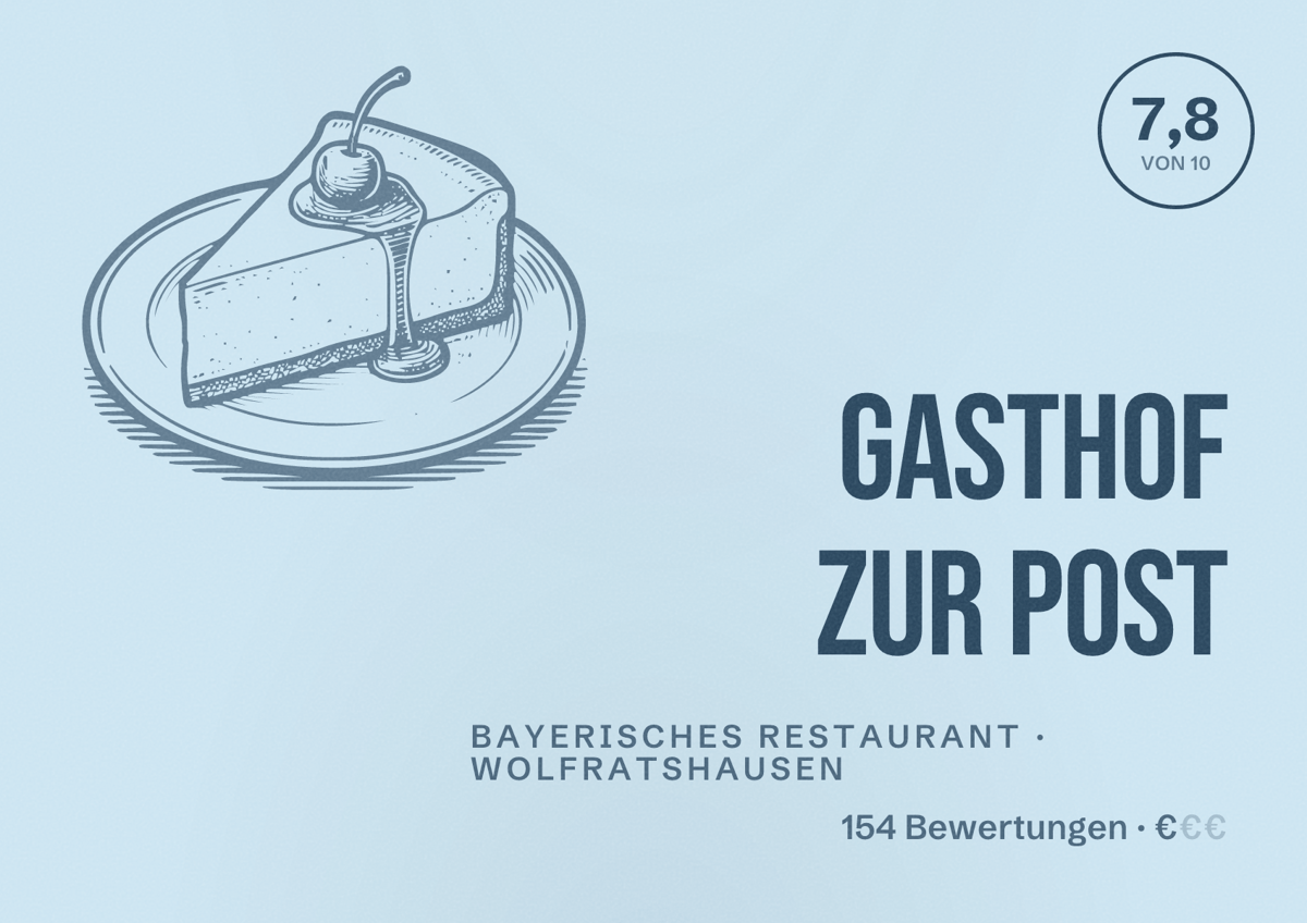 Illustriertes Poster von Gasthof Zur Post, Bayerisches Restaurant in Wolfratshausen: Bewertung 7,8 von 10 aus 154 Bewertungen, Preisniveau €