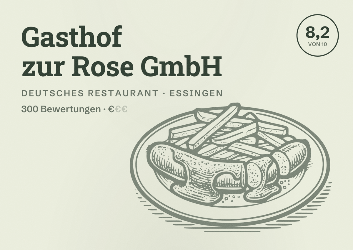 Illustriertes Poster von Gasthof zur Rose GmbH, Deutsches Restaurant in Essingen: Bewertung 8,2 von 10 aus 300 Bewertungen, Preisniveau €