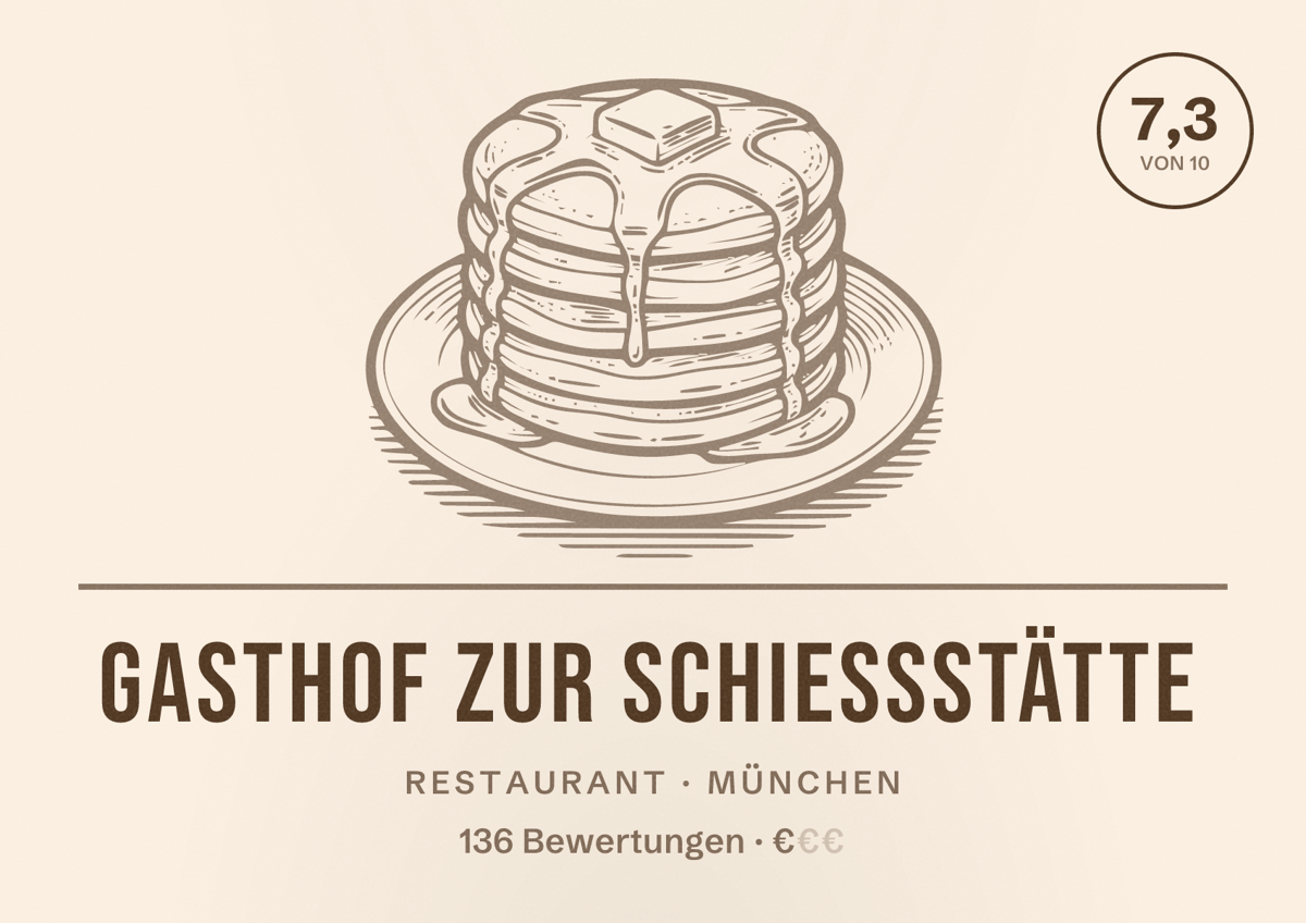 Illustriertes Poster von Gasthof Zur Schießstätte, Restaurant in München: Bewertung 7,3 von 10 aus 136 Bewertungen, Preisniveau €