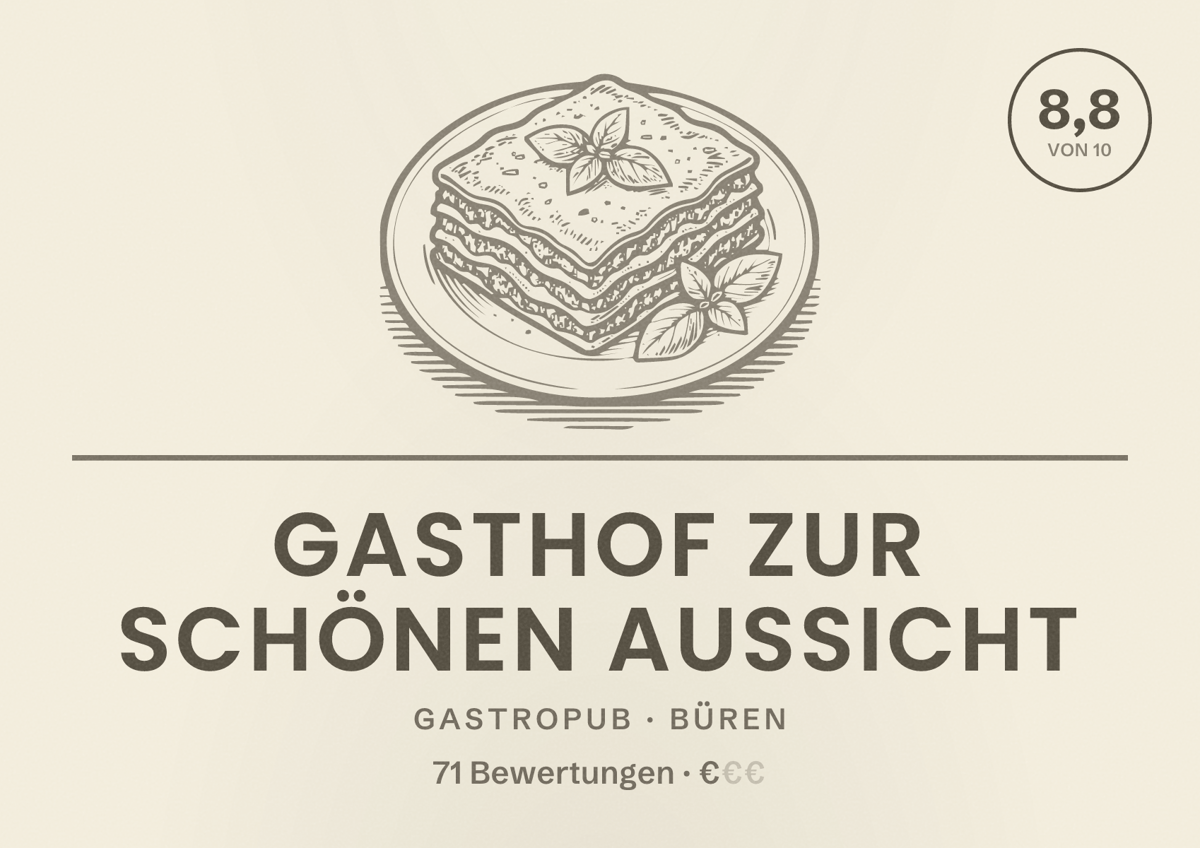 Illustriertes Poster von Gasthof Zur schönen Aussicht, Gastropub in Büren: Bewertung 8,8 von 10 aus 71 Bewertungen, Preisniveau €
