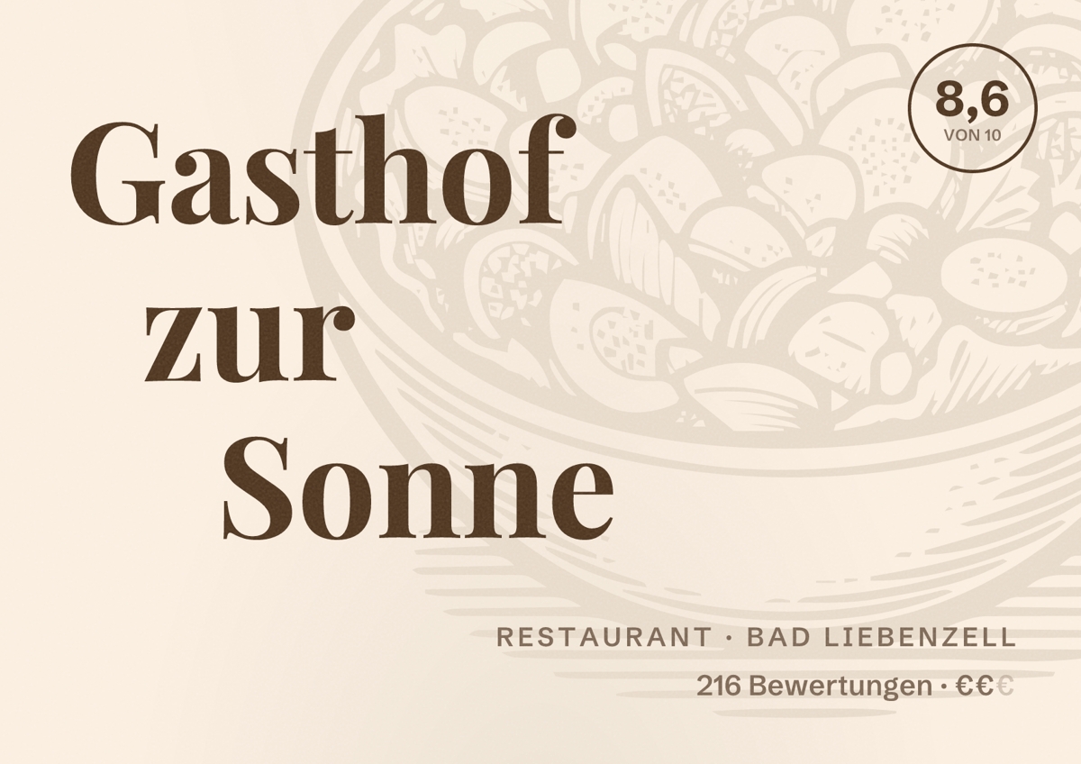 Illustriertes Poster von Gasthof zur Sonne, Restaurant in Bad Liebenzell: Bewertung 8,6 von 10 aus 216 Bewertungen, Preisniveau €€
