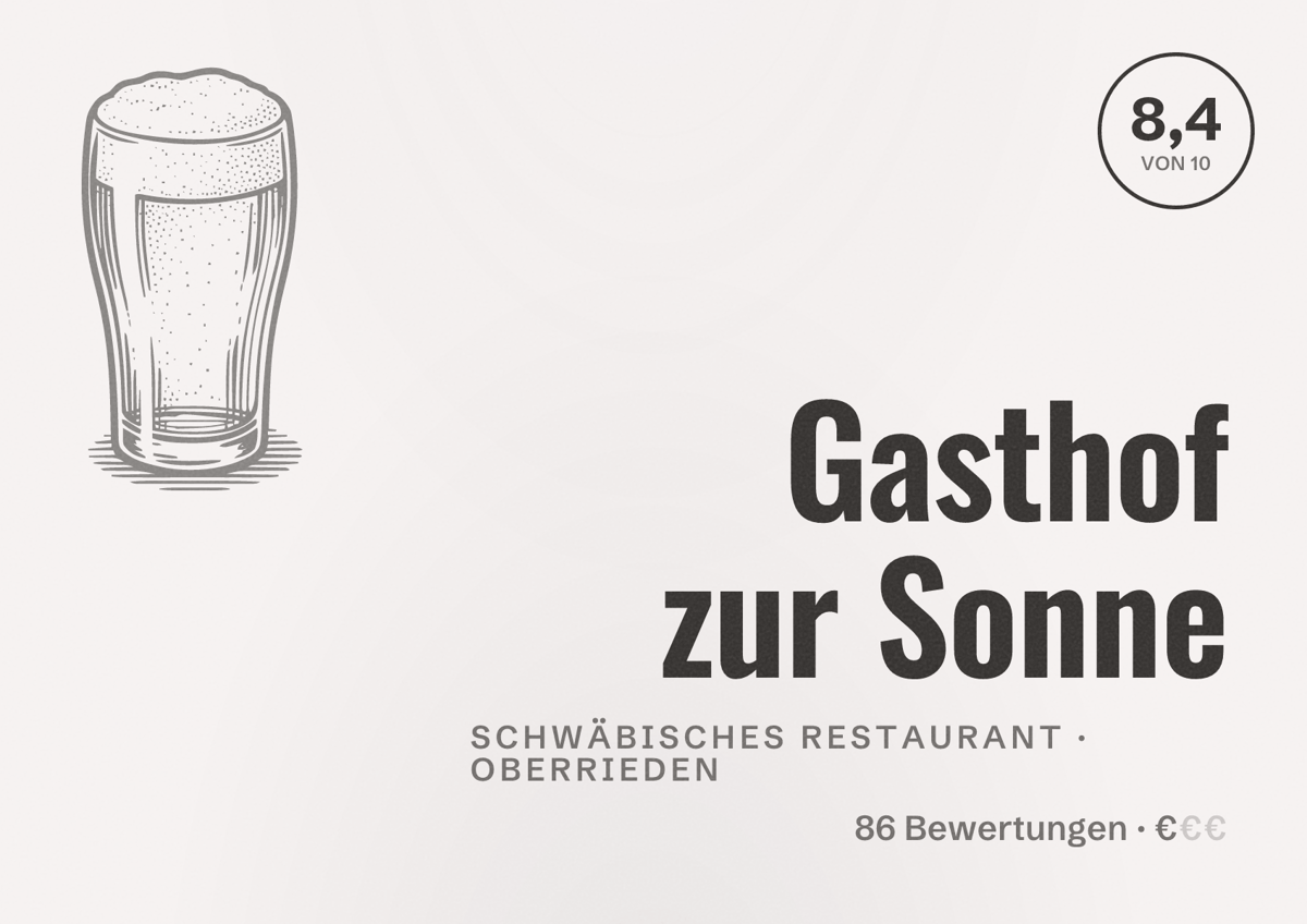Illustriertes Poster von Gasthof zur Sonne, Schwäbisches Restaurant in Oberrieden: Bewertung 8,4 von 10 aus 86 Bewertungen, Preisniveau €