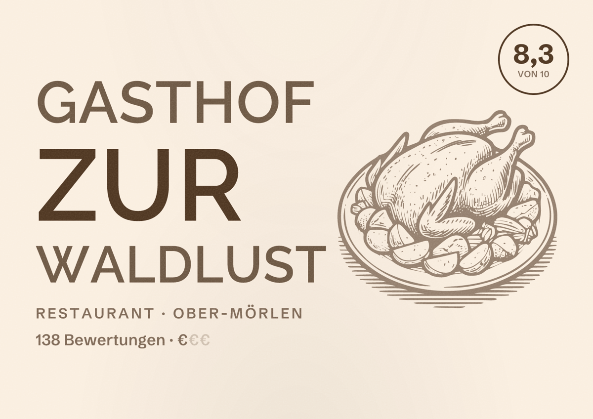 Illustriertes Poster von Gasthof zur Waldlust, Restaurant in Ober-Mörlen: Bewertung 8,3 von 10 aus 138 Bewertungen, Preisniveau €