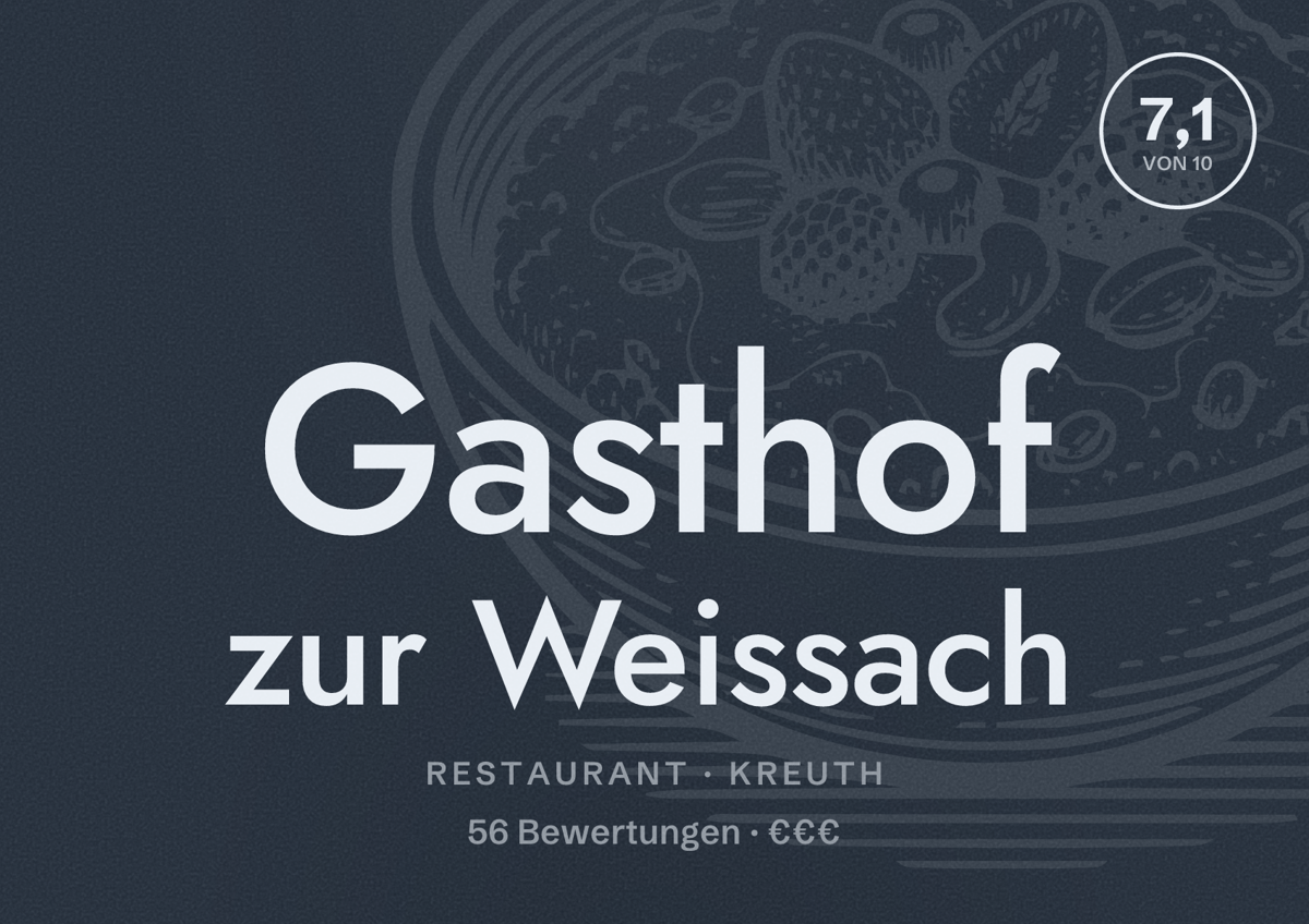 Illustriertes Poster von Gasthof zur Weissach, Restaurant in Kreuth: Bewertung 7,1 von 10 aus 56 Bewertungen, Preisniveau €€€
