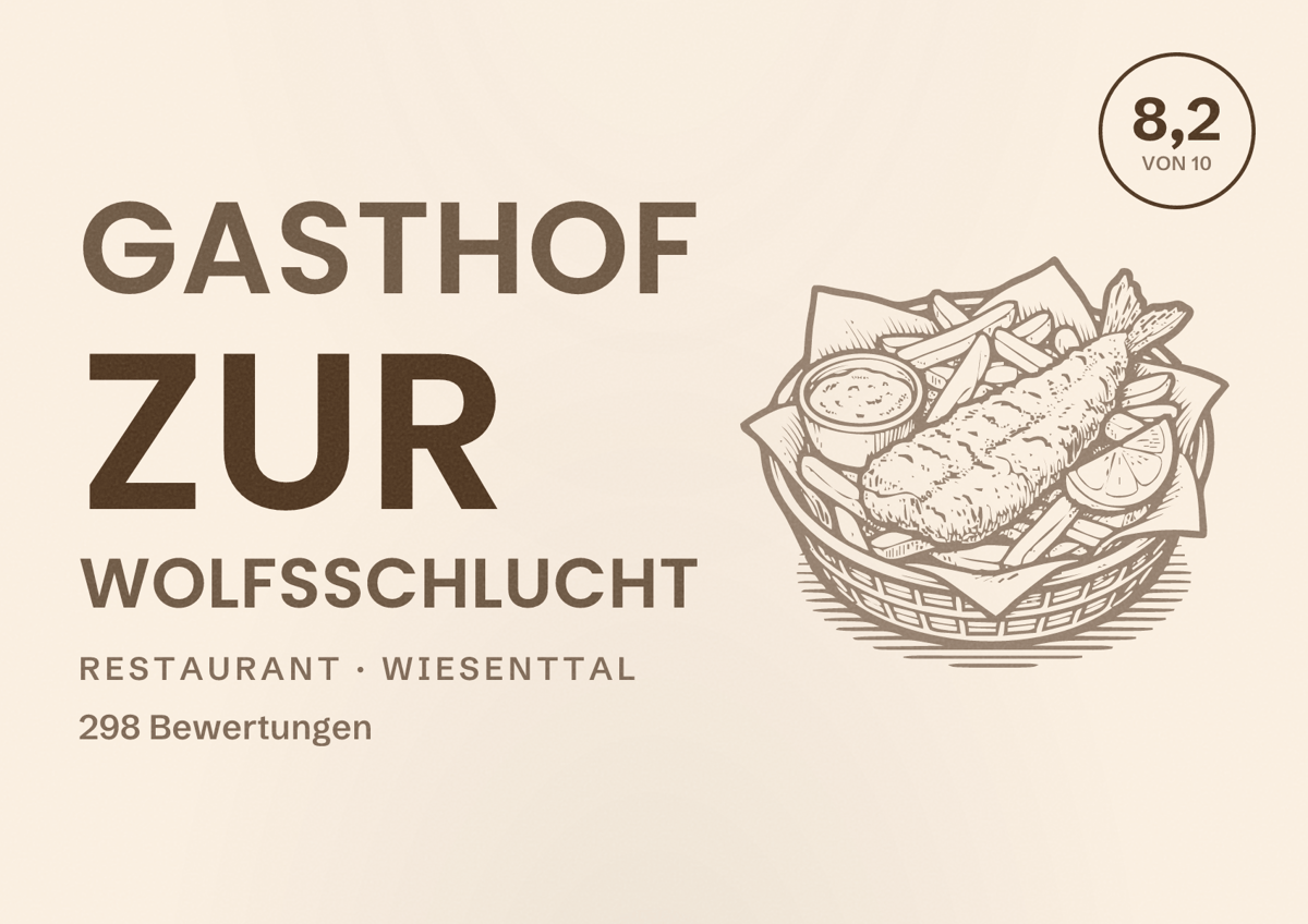 Illustriertes Poster von Gasthof zur Wolfsschlucht, Restaurant in Wiesenttal: Bewertung 8,2 von 10 aus 298 Bewertungen
