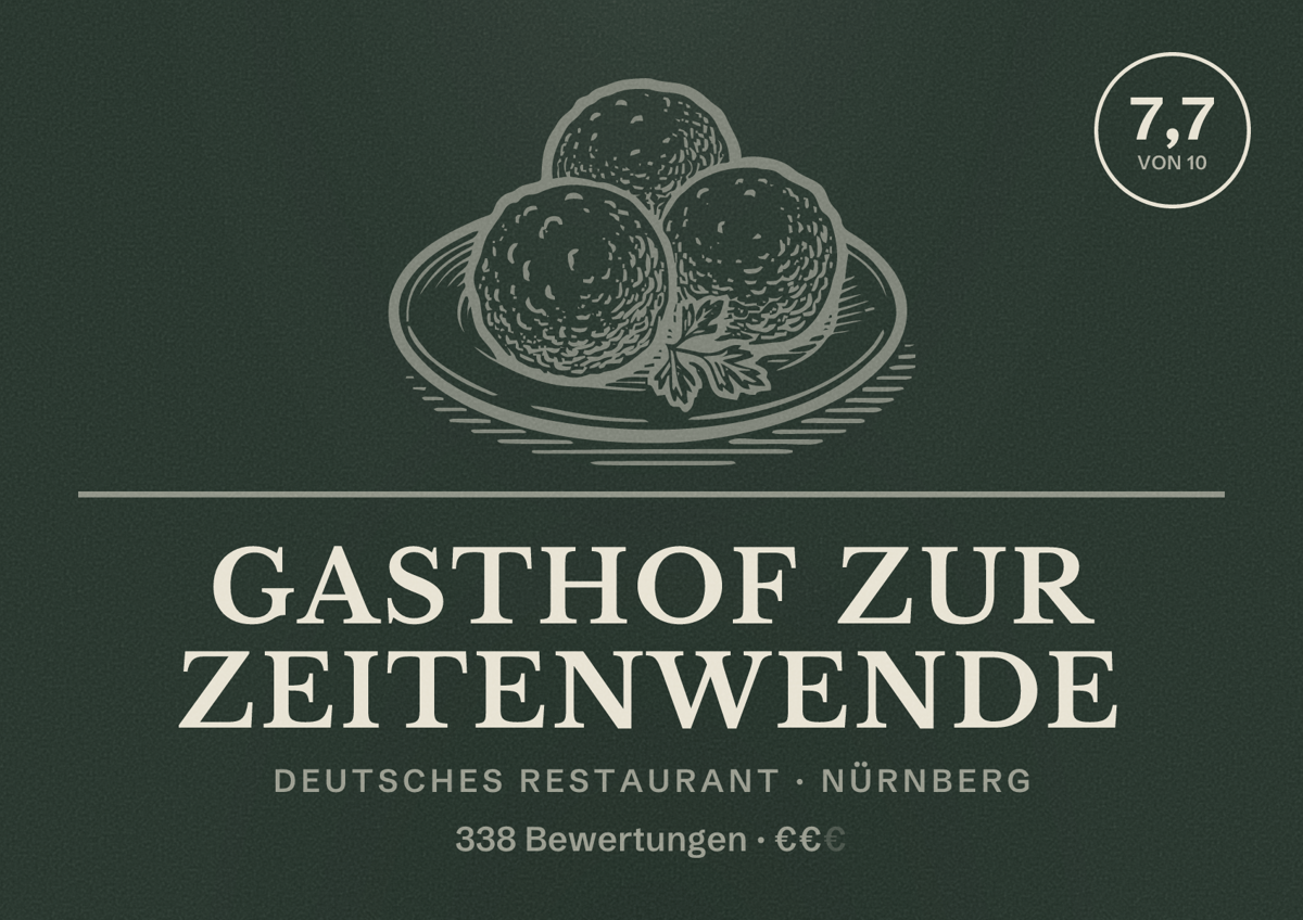 Illustriertes Poster von Gasthof Zur Zeitenwende, Deutsches Restaurant in Nürnberg: Bewertung 7,7 von 10 aus 338 Bewertungen, Preisniveau €€