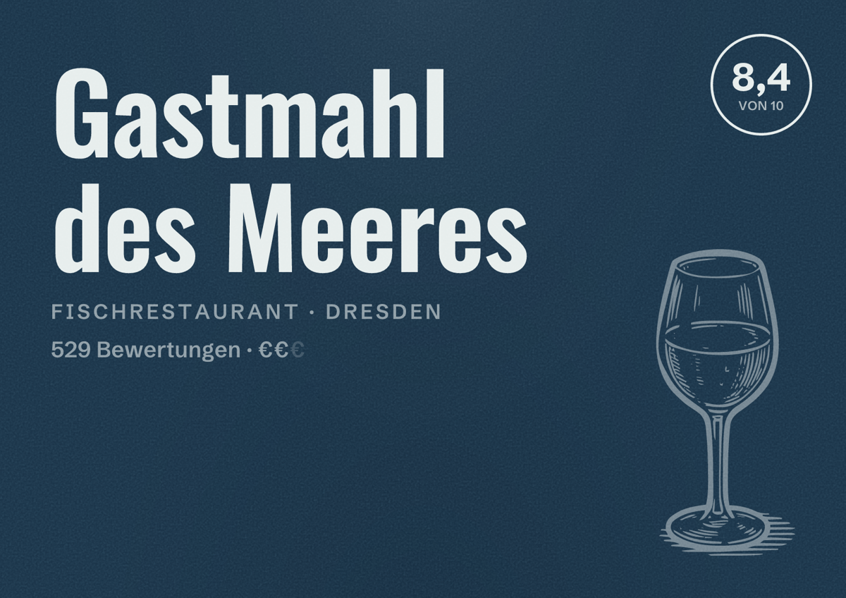 Illustriertes Poster von Gastmahl des Meeres, Fischrestaurant in Dresden: Bewertung 8,4 von 10 aus 529 Bewertungen, Preisniveau €€
