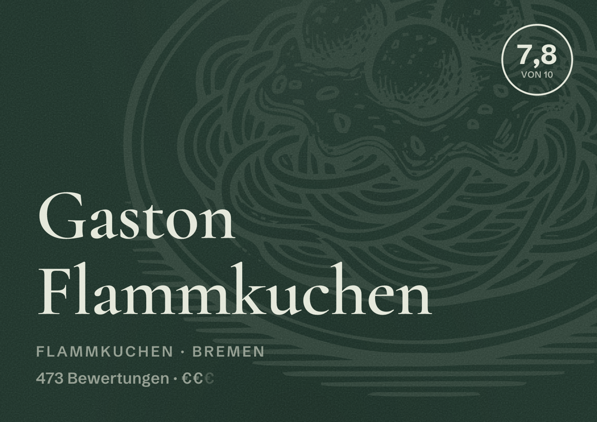 Illustriertes Poster von Gaston Flammkuchen, Flammkuchen in Bremen: Bewertung 7,8 von 10 aus 473 Bewertungen, Preisniveau €€