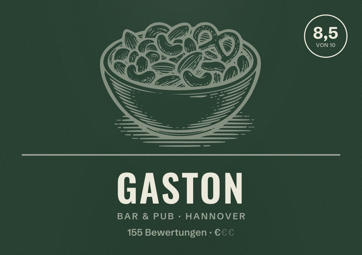 Illustriertes Poster von Gaston, Bar & Pub in Hannover: Bewertung 8,5 von 10 aus 155 Bewertungen, Preisniveau €