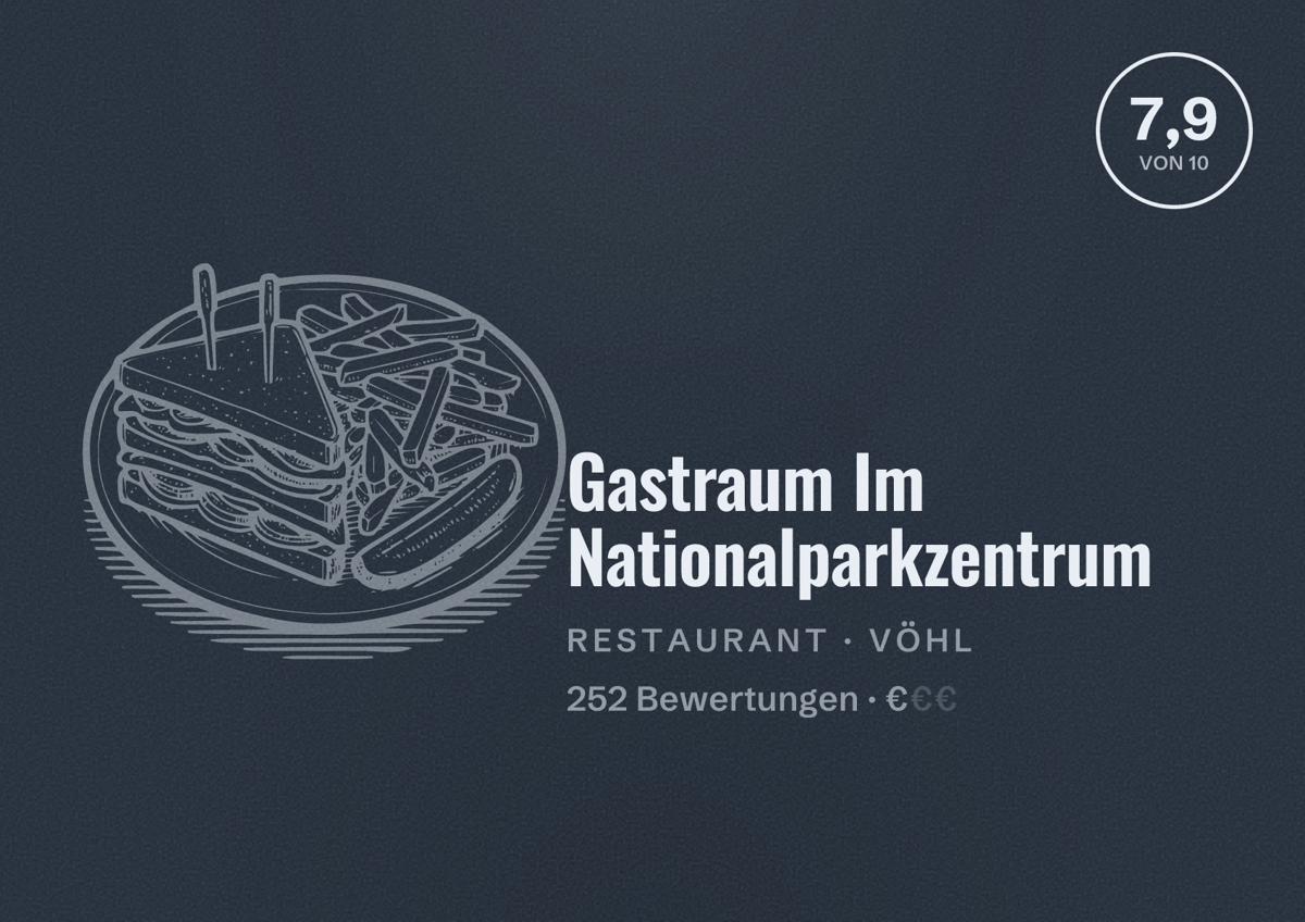 Illustriertes Poster von Gastraum Im Nationalparkzentrum, Restaurant in Vöhl: Bewertung 7,9 von 10 aus 252 Bewertungen, Preisniveau €