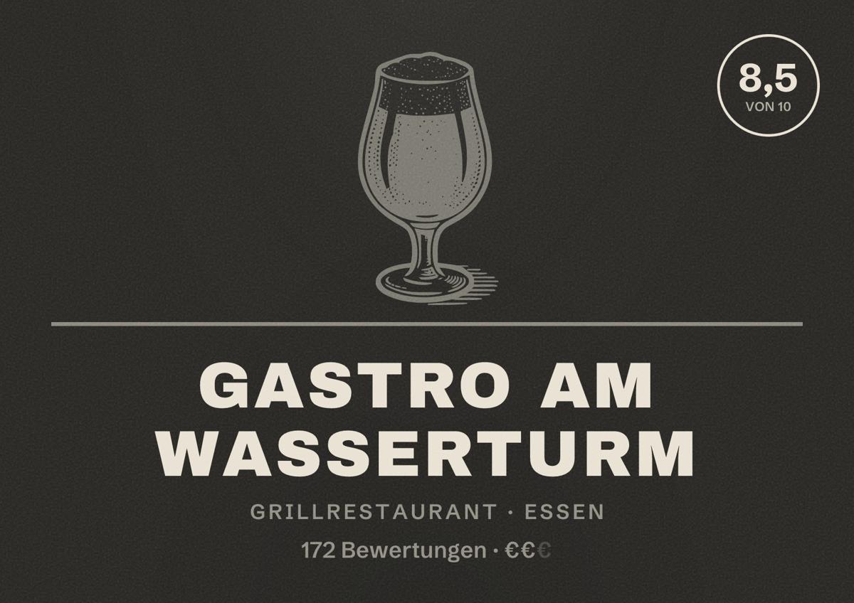 Illustriertes Poster von Gastro am Wasserturm, Grillrestaurant in Essen: Bewertung 8,5 von 10 aus 172 Bewertungen, Preisniveau €€