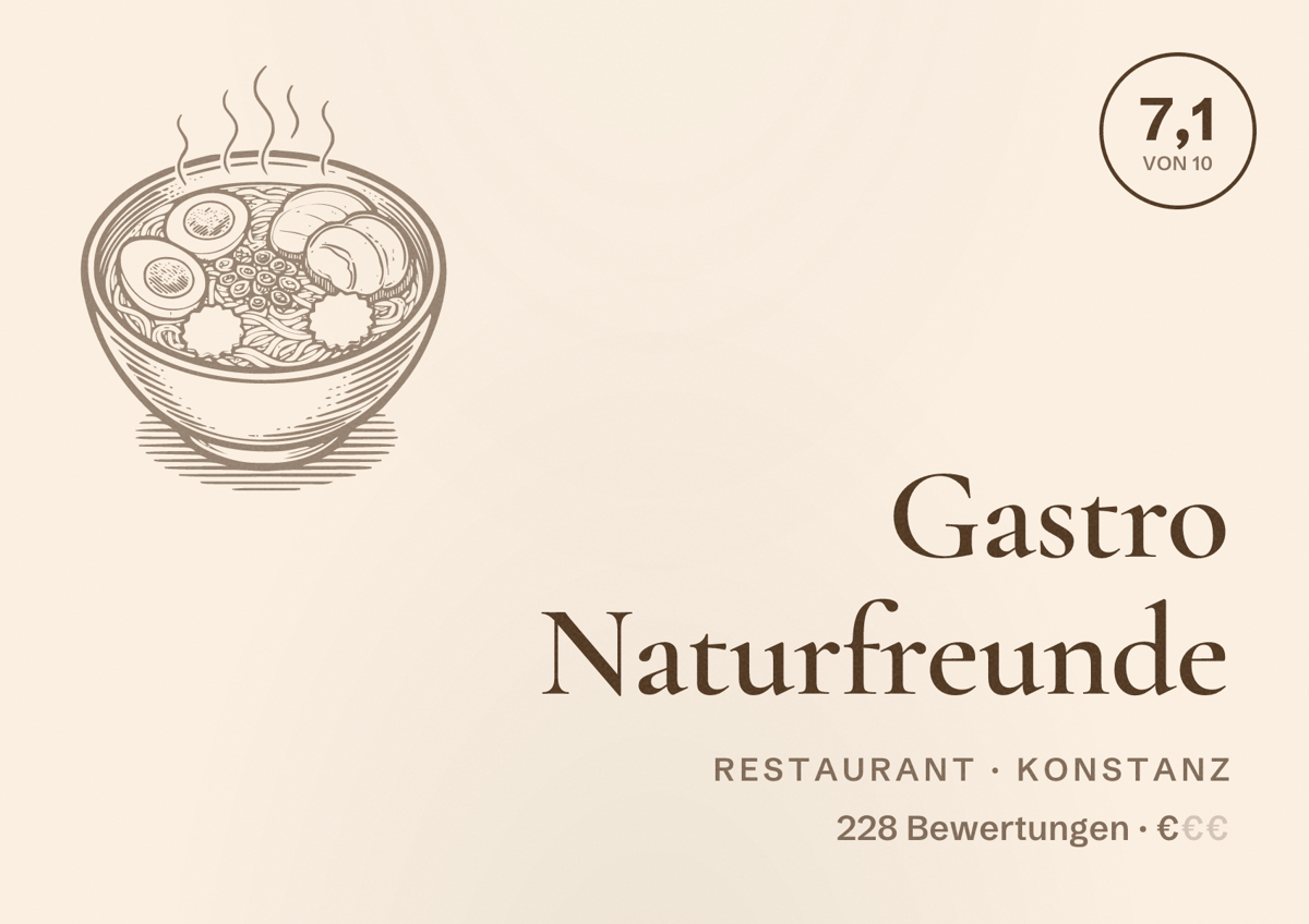Illustriertes Poster von Gastro Naturfreunde, Restaurant in Konstanz: Bewertung 7,1 von 10 aus 228 Bewertungen, Preisniveau €
