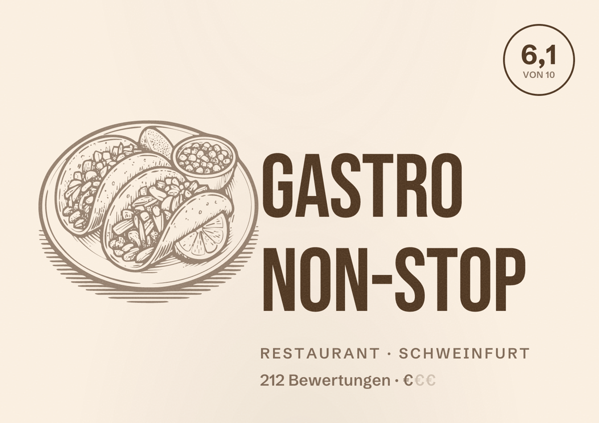 Illustriertes Poster von Gastro Non-Stop, Restaurant in Schweinfurt: Bewertung 6,1 von 10 aus 212 Bewertungen, Preisniveau €
