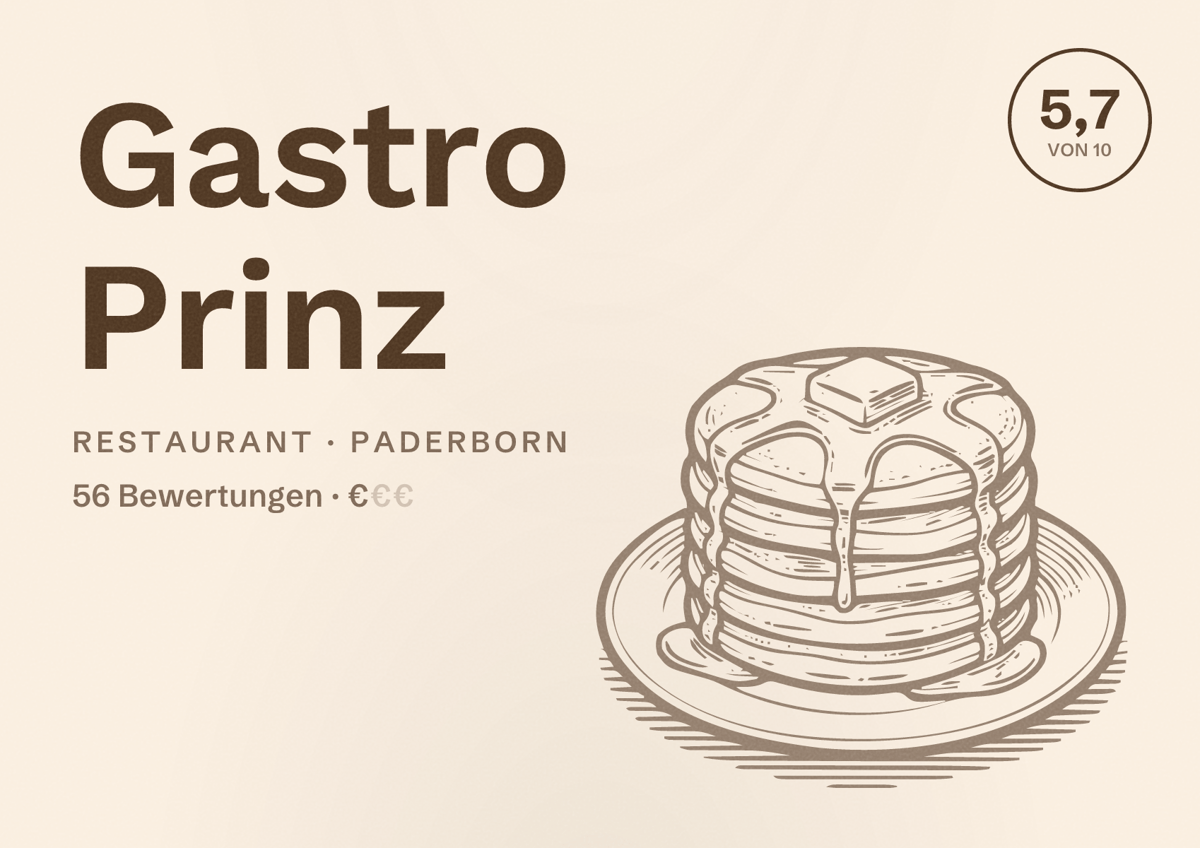 Illustriertes Poster von Gastro Prinz, Restaurant in Paderborn: Bewertung 5,7 von 10 aus 56 Bewertungen, Preisniveau €