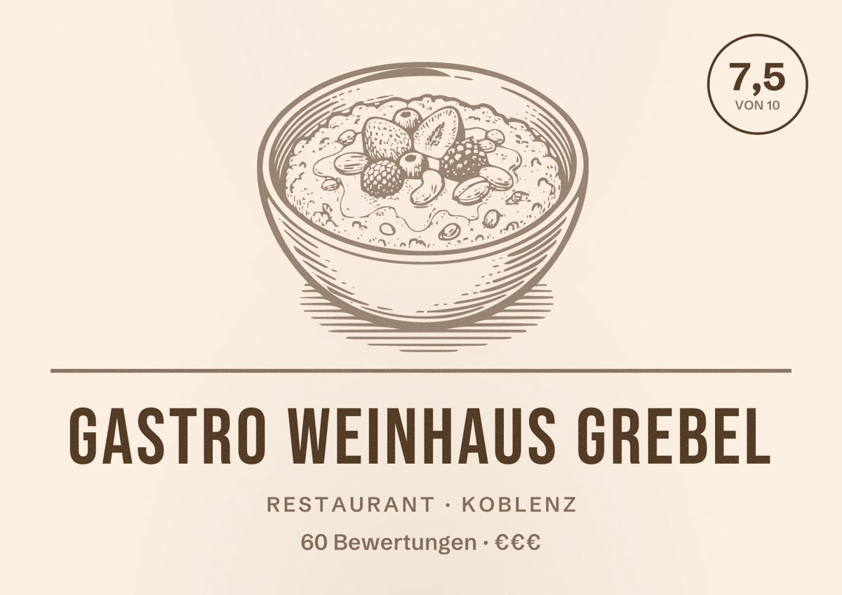 Illustriertes Poster von Gastro Weinhaus Grebel, Restaurant in Koblenz: Bewertung 7,5 von 10 aus 60 Bewertungen, Preisniveau €€€