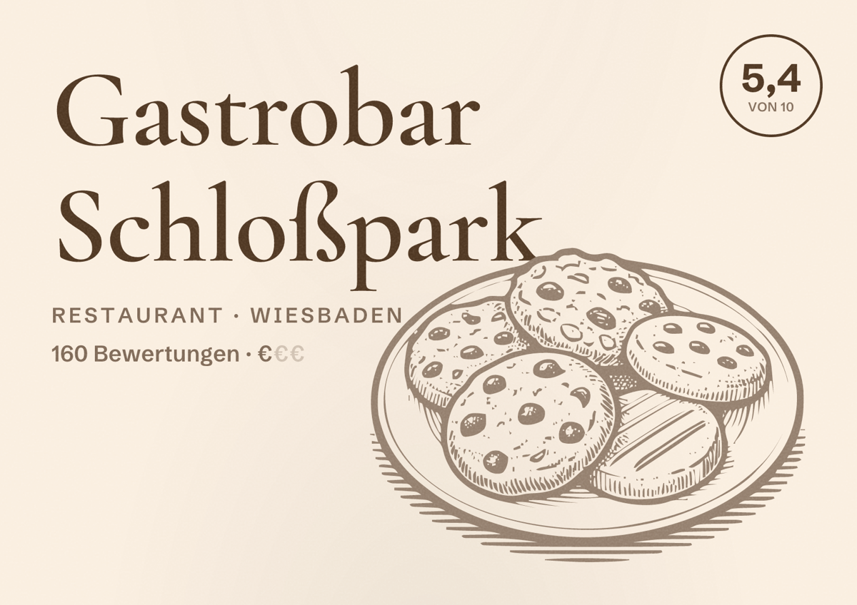 Illustriertes Poster von Gastrobar Schloßpark, Restaurant in Wiesbaden: Bewertung 5,4 von 10 aus 160 Bewertungen, Preisniveau €