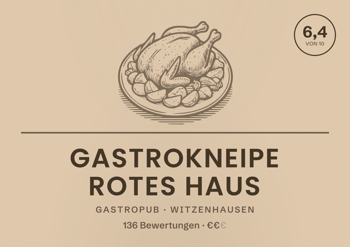 Illustriertes Poster von Gastrokneipe Rotes Haus, Gastropub in Witzenhausen: Bewertung 6,4 von 10 aus 136 Bewertungen, Preisniveau €€