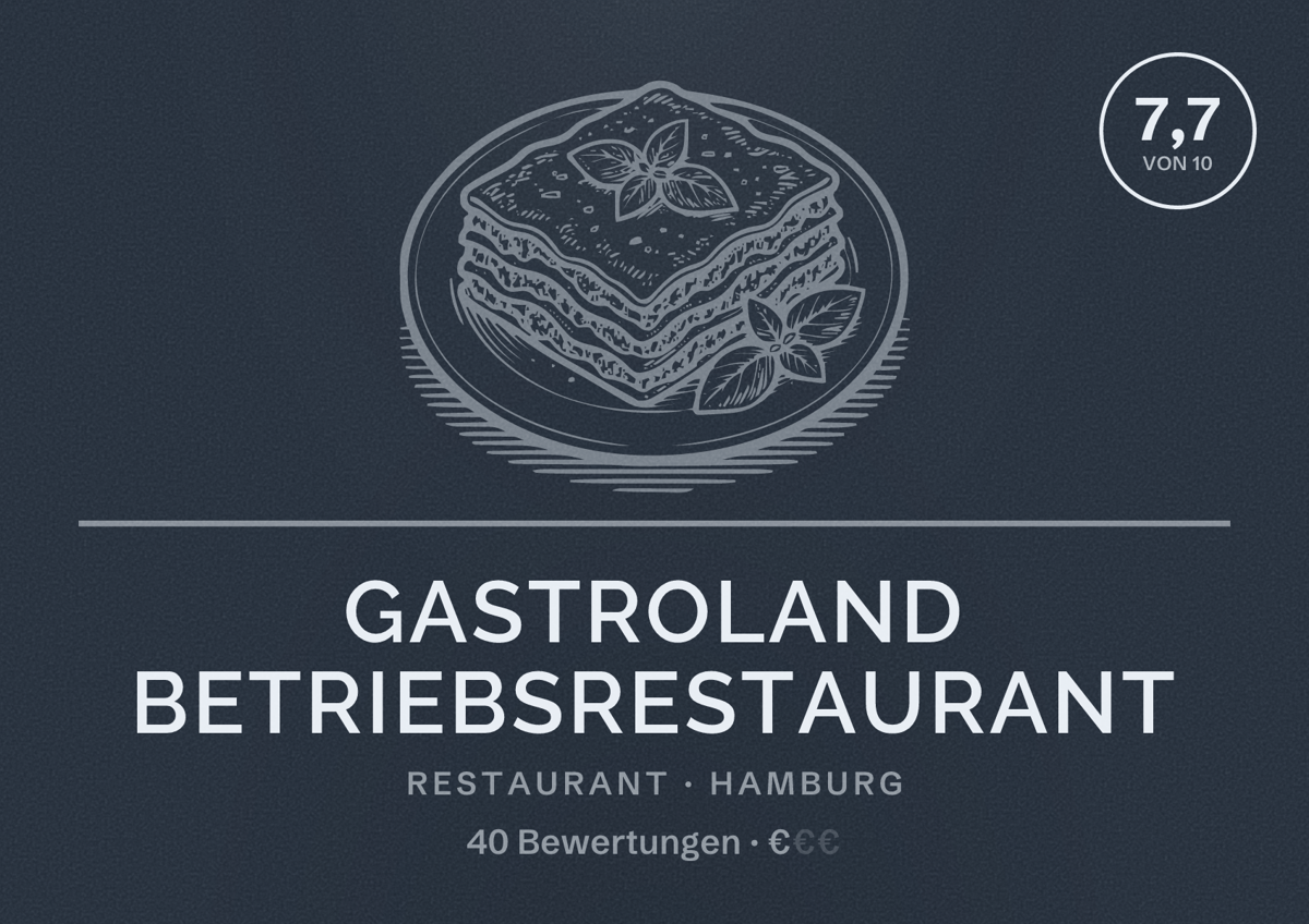 Illustriertes Poster von Gastroland Betriebsrestaurant, Restaurant in Hamburg: Bewertung 7,7 von 10 aus 40 Bewertungen, Preisniveau €