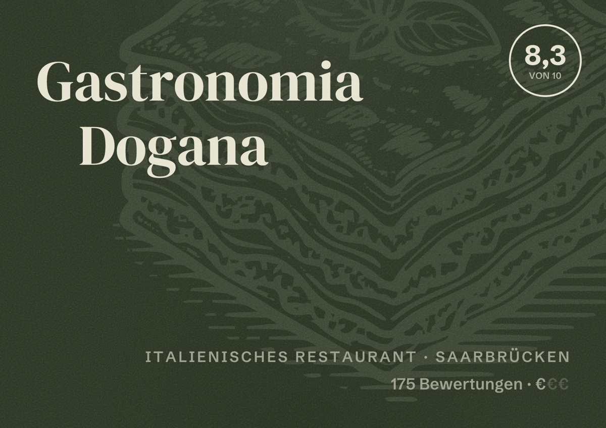 Illustriertes Poster von Gastronomia Dogana, Italienisches Restaurant in Saarbrücken: Bewertung 8,3 von 10 aus 175 Bewertungen, Preisniveau €