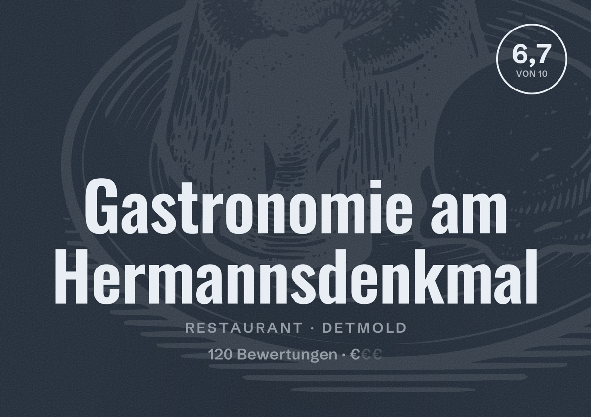 Illustriertes Poster von Gastronomie am Hermannsdenkmal, Restaurant in Detmold: Bewertung 6,7 von 10 aus 120 Bewertungen, Preisniveau €