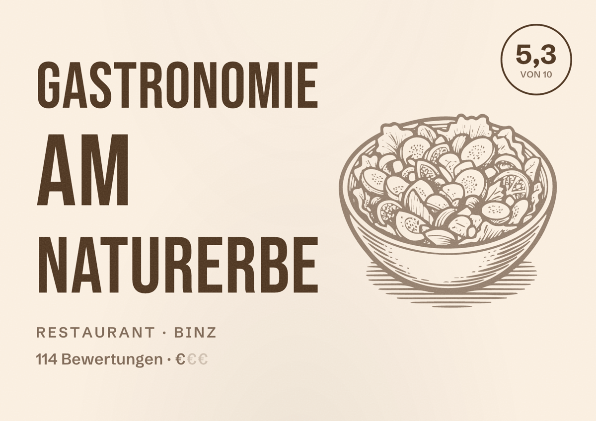 Illustriertes Poster von Gastronomie Am Naturerbe, Restaurant in Binz: Bewertung 5,3 von 10 aus 114 Bewertungen, Preisniveau €