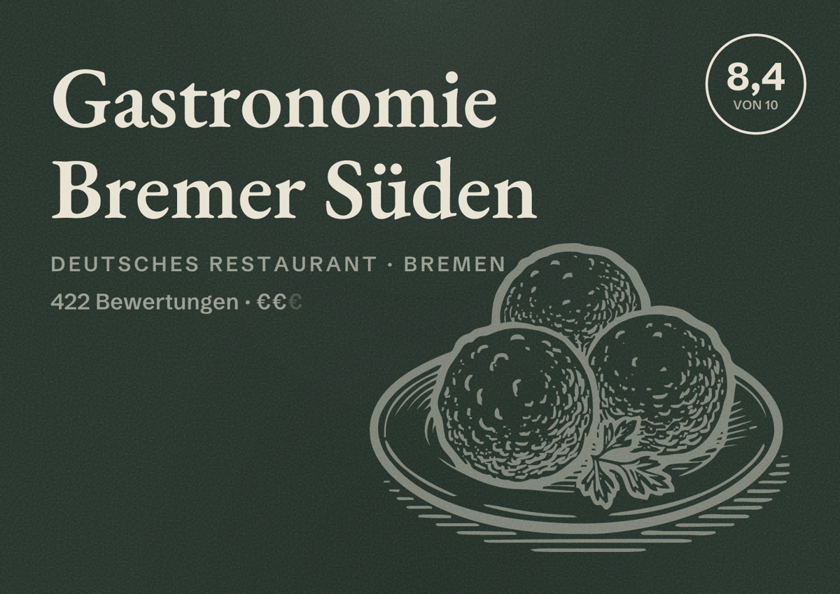Illustriertes Poster von Gastronomie Bremer Süden, Deutsches Restaurant in Bremen: Bewertung 8,4 von 10 aus 422 Bewertungen, Preisniveau €€