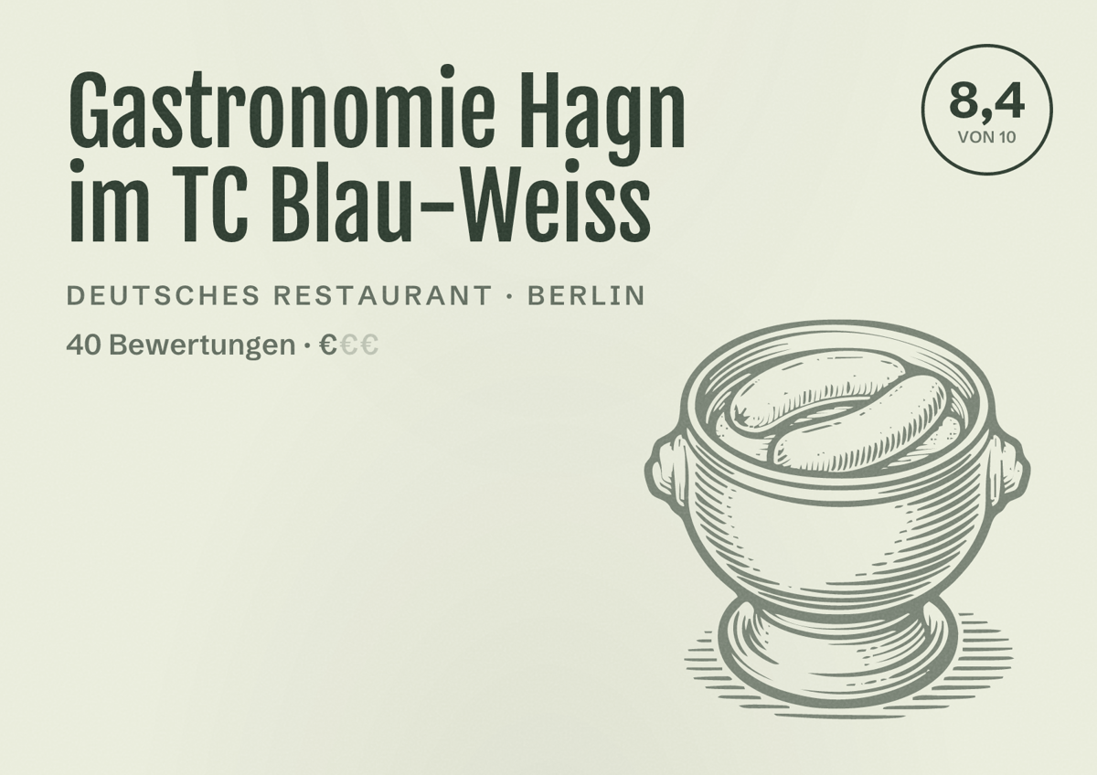 Illustriertes Poster von Gastronomie Hagn im TC Blau-Weiss, Deutsches Restaurant in Berlin: Bewertung 8,4 von 10 aus 40 Bewertungen, Preisniveau €