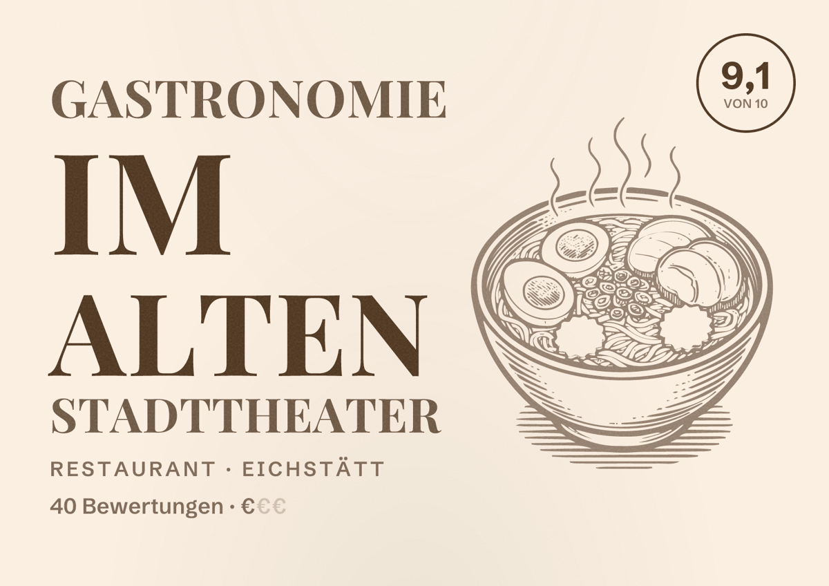 Illustriertes Poster von Gastronomie im Alten Stadttheater, Restaurant in Eichstätt: Bewertung 9,1 von 10 aus 40 Bewertungen, Preisniveau €