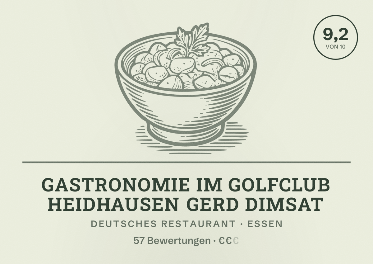 Illustriertes Poster von Gastronomie im Golfclub Heidhausen Gerd Dimsat, Deutsches Restaurant in Essen: Bewertung 9,2 von 10 aus 57 Bewertungen, Preisniveau €€