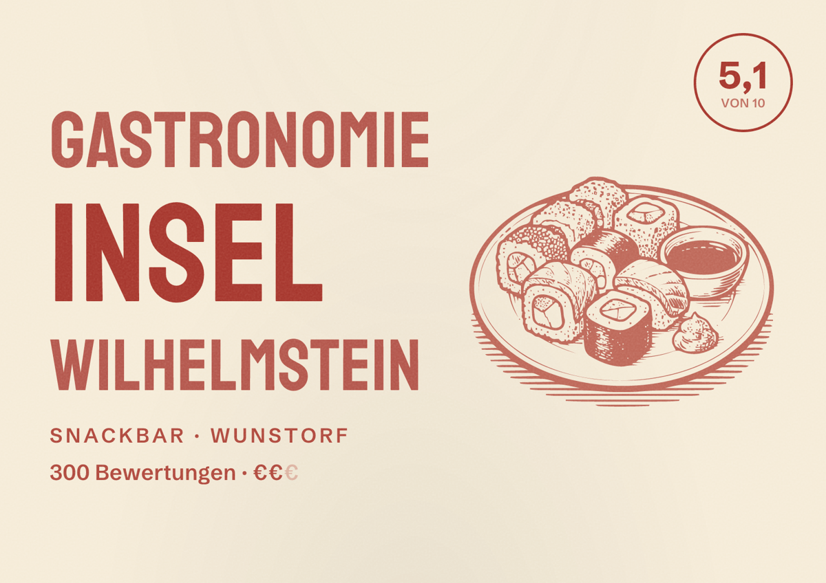 Illustriertes Poster von Gastronomie Insel Wilhelmstein, Snackbar in Wunstorf: Bewertung 5,1 von 10 aus 300 Bewertungen, Preisniveau €€