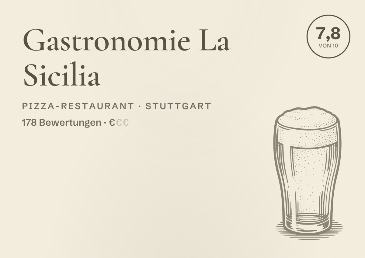 Illustriertes Poster von Gastronomie La Sicilia, Pizza-Restaurant in Stuttgart: Bewertung 7,8 von 10 aus 178 Bewertungen, Preisniveau €