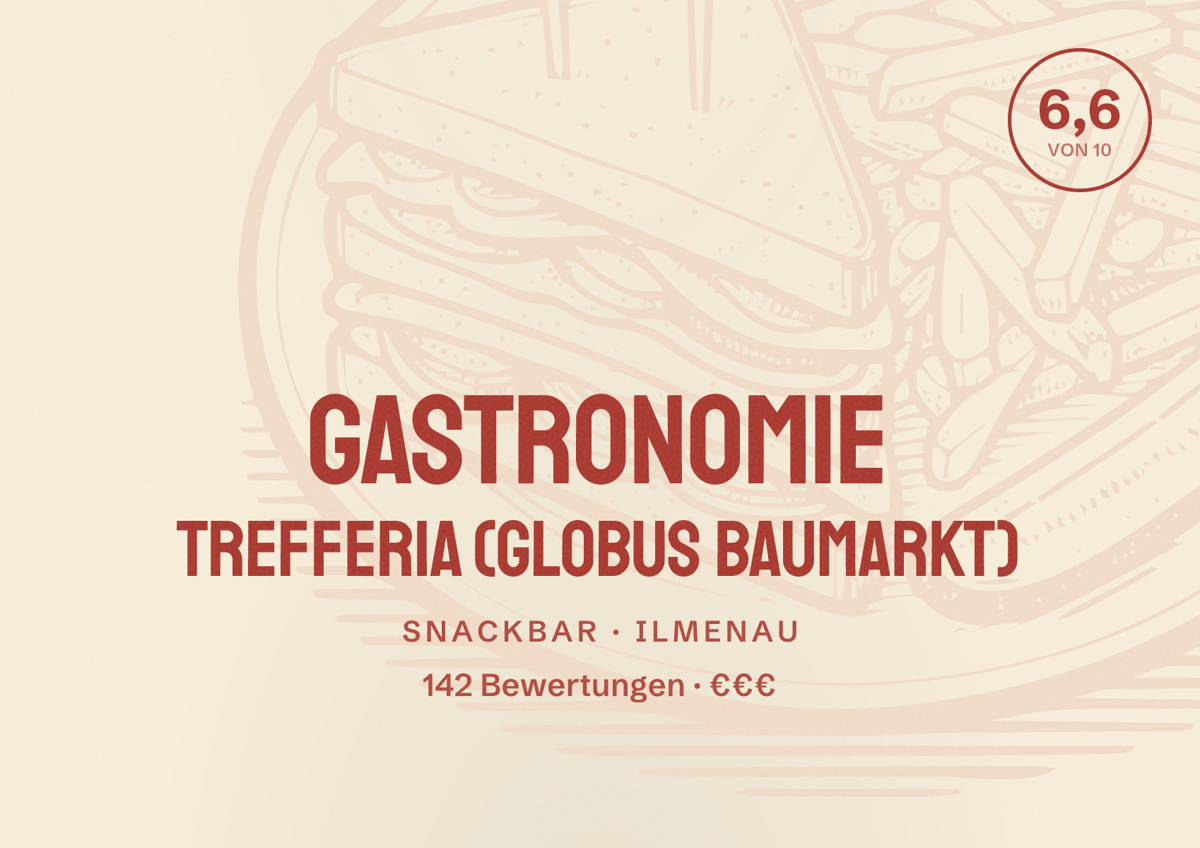 Illustriertes Poster von Gastronomie Trefferia (Globus Baumarkt), Snackbar in Ilmenau: Bewertung 6,6 von 10 aus 142 Bewertungen, Preisniveau €€€